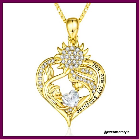 Gold Sunflower Necklace Elegant Heart Birthstone Pendant Everyday Jewelry Gift